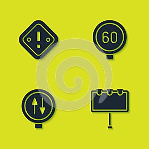 Set Exclamation mark in triangle, Billboard with lights, Road warning two way traffic and Speed limit icon. Vector