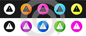 Set Exclamation mark in triangle icon isolated on black and white background. Hazard warning sign, careful, attention