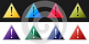 Set Exclamation mark in triangle icon isolated on black and white background. Hazard warning sign, careful, attention, danger