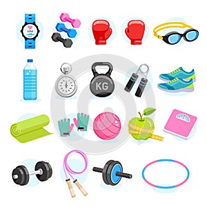 Set of Exercises equipment icons color.