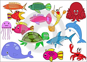 A set of exotic fish on a white background.