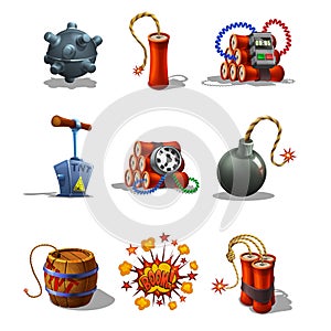 Set of Explosive Icons and detonating fuse on white background.