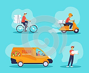 Set of express pizza delivery service illustration: bicycle, scooter, van, courier with boxes