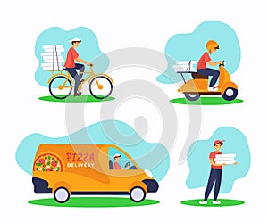 Set of express pizza delivery service illustration: bicycle, scooter, van, courier with pizza boxes
