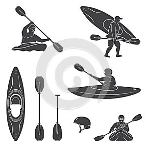 Set of extrema water sports equipment, kayaker and canoe silhouettes photo