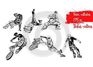 Set of extreme sportsmen. Rollers, bicyclists and breakdancers . Extreme theme modern print. Vector design elements. Isolated on w