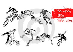 Set of extreme sportsmen. Rollers, bicyclists and skaters. Extreme theme modern print. Vector design elements. Isolated on white b