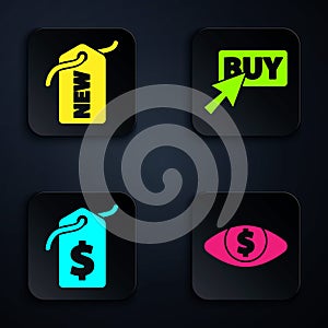 Set Eye with dollar, Price tag with New, Price tag with dollar and Buy button. Black square button. Vector
