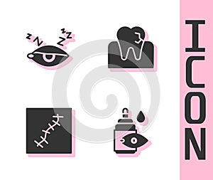 Set Eye drop bottle, Insomnia, Scar with suture and Tooth caries icon. Vector