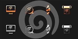 Set Eye of Horus on monitor, Egypt mummy and papyrus scroll icon. Vector