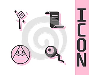 Set Eye, Magic staff, Masons and Ancient magic book icon. Vector