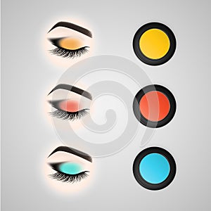 Set of eye makeup. Closed eye with long eyelashes.