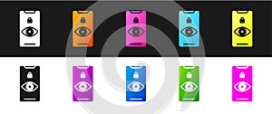 Set Eye scan icon isolated on black and white background. Scanning eye. Security check symbol. Cyber eye sign. Vector