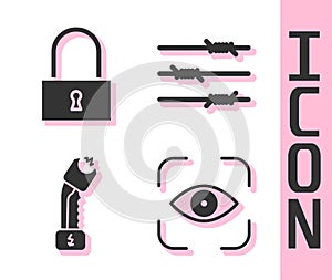 Set Eye scan, Lock, Police electric shocker and Barbed wire icon. Vector