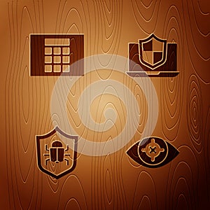 Set Eye scan, Password protection, System bug and Laptop protected with shield on wooden background. Vector