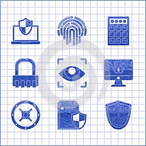 Set Eye scan, Shield with cyber security brick wall, Lock computer monitor screen, Safe, combination lock, Password and