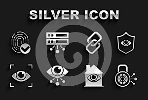 Set Eye scan, Shield and eye, Cyber security, House with, Chain link, Fingerprint and Server, Data, Web Hosting icon