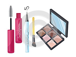 Set of eye shadow colorful palette, black eyeliner pencil and mascara for eyelashes