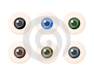 Set of eyeballs with iris different colors isolated on white background.