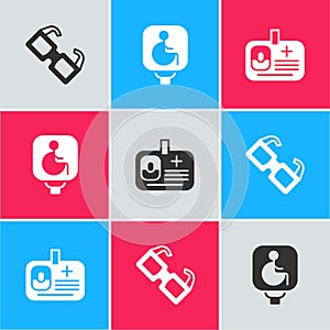 Set Eyeglasses, Disabled wheelchair and Identification badge icon. Vector