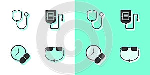 Set Eyeglasses, Stethoscope, Medicine pill or tablet and IV bag icon. Vector