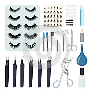 Set of Eyelash extension tools in flat style
