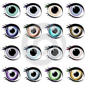 Set of eyes isolated on a white background. Different eye colors. Realistic. Most common eye colors. Ophtalmology.