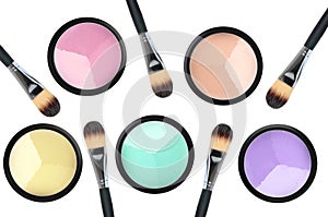 Set of 5 eyeshadows and brushes isolated on white background