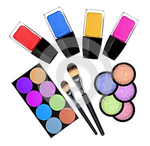 Set of 5 eyeshadows, brushes and nailpolishes isolated