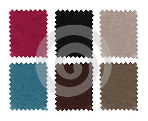 Set of fabric swatch samples texture. Closeup sample pieces color. Pink, blue, grey, brown,beige and black colors fabric texture i