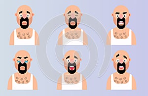 Set face emotion cartoon man character. Flat vector illustration bearded head with different expressions emoji design
