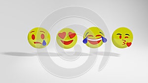 Set of face icons or yellow emoticons with different facial expressions in glossy 3D realistic