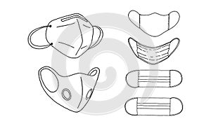 A set of face masks. Personal protective equipment against coronavirus infection COVID19.