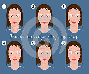 Set of face massage instructions on blue background. Vector illustration of massage lines on woman face.