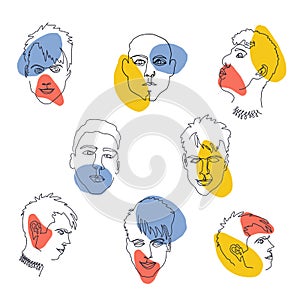 Set of face men. Line art and abstract spots. Red, blue, yellow. Face drawing. Contemporary portrait. Portrait male