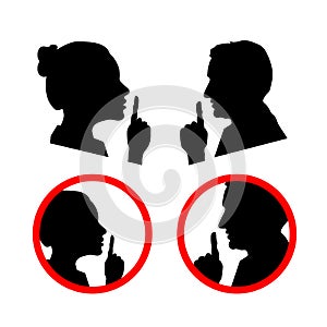 Set of face profiles with hands, shhh icon on white, please keep quiet sign