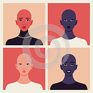 Set of faces of bald young women. Alopecia and hair loss.