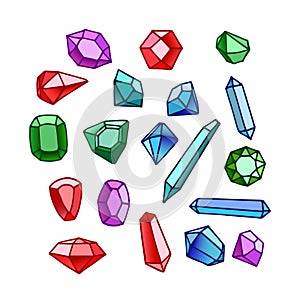 Set of faceted gemstones: emeralds, sapphires, diamonds and rubies, glass crystals for bijou