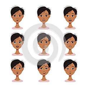 Set of facial expressions avatars of African American woman with different emotions