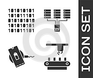 Set Factory conveyor system belt, Binary code, Wireless charger and Server, Data, Web Hosting icon. Vector