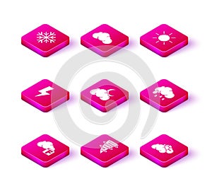 Set Fahrenheit and cloud, Tornado, Lightning bolt, Cloud with moon stars, Sun weather, rain, and icon. Vector