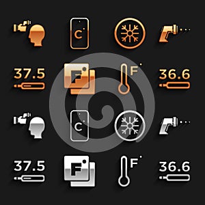 Set Fahrenheit, Digital thermometer, Medical, Meteorology, Snowflake, Checking body temperature and Celsius icon. Vector