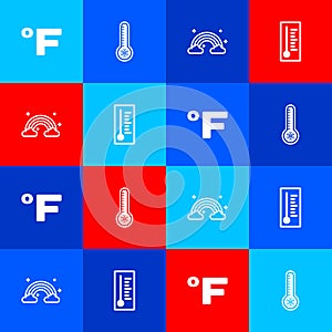 Set Fahrenheit, Meteorology thermometer, Rainbow with clouds and icon. Vector