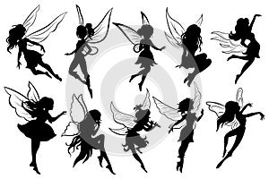 Set of fairies. Collection of girls fairy silhouettes. Black white vector illustration for children. Magic girls with