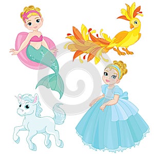 A set of fairy tale characters. Mermaid, Princess, Phoenix, Unicorn