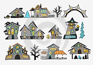 Set of fairy-tale houses with stylized various windows, trees and bushes, cartoon-style street, made with bright colored fills