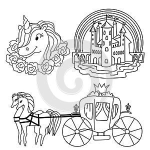 Set of fairy tale symbols and objects. Isolated vector coloring page
