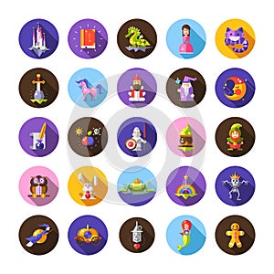 Set of fairy tales flat design magic icons and