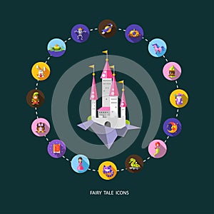 Set of fairy tales flat design magic icons and