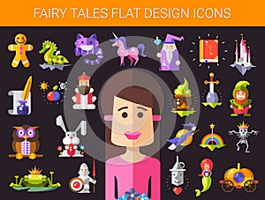 Set of fairy tales flat design magic icons and